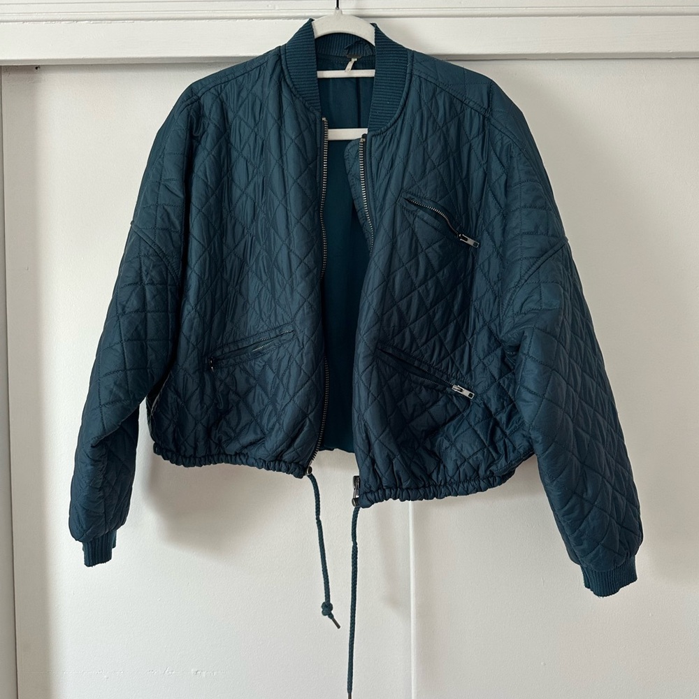 Free People Blue Quilted Bomber Jacket